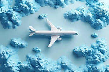 White Airplane Soaring Above Textured Light Blue Clouds