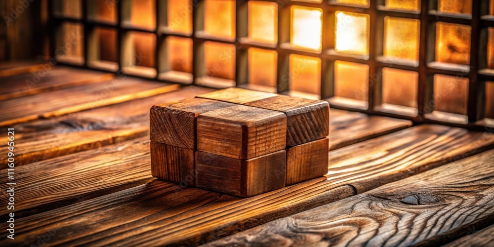 Poster a wooden cube puzzle rests on a weathered wooden table surface, bathed in the warm glow of light fil