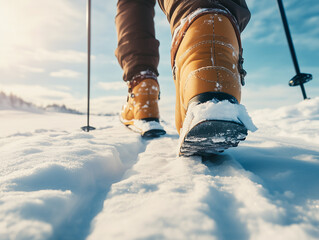 Adventures in winter trekking through fresh snow with hiking boots and ski poles under a sunny blue sky