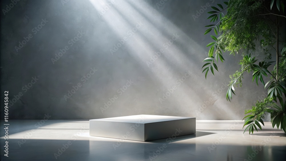 Poster a minimalist product display with a white platform and lush foliage, bathed in soft light