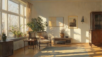 scandinavian minimalist living room with natural light, organic materials and botanical elements in neutral earth tones
