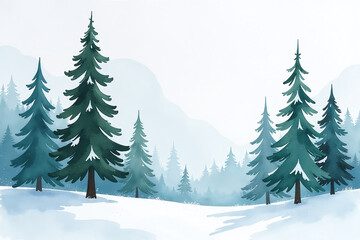 Obraz premium fir trees stand tall winter wonderland surrounded watercolor brushstrokes