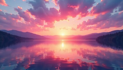 Naklejka premium Soft pink hues fade into the sky over a serene lake at sunset, sunset, calm, water