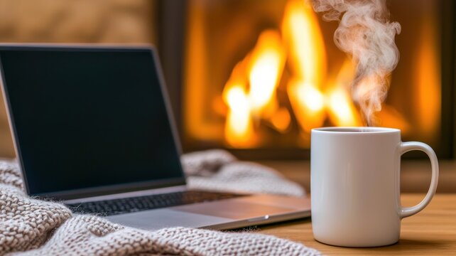 Cozy workspace with a steaming cup of coffee beside a laptop, wrapped in a blanket, all set against a warm fireplace backdrop.