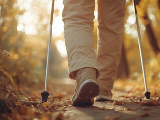 Person walking on a leaf-covered path using walking sticks during autumn in a serene forest setting