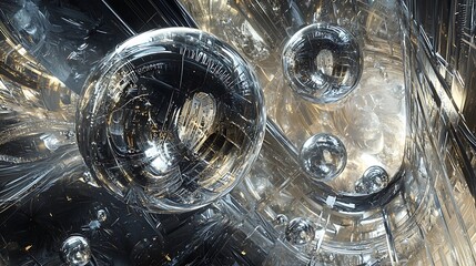 A series of shiny, reflective spheres are suspended in the air