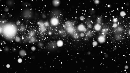 Fototapeta premium Blurred white lights bokeh on black background. Bokeh pattern overlay for holiday design card, invitation, greeting, website banner. Modern abstract design.