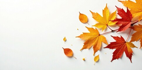 Golden hues of autumn leaves scattered across a plain white surface, isolation, white background, golden colors