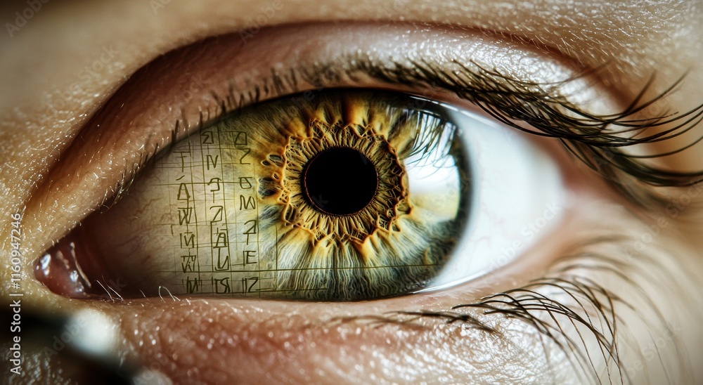 Poster intricate close-up of human eye with digital elements and patterns
