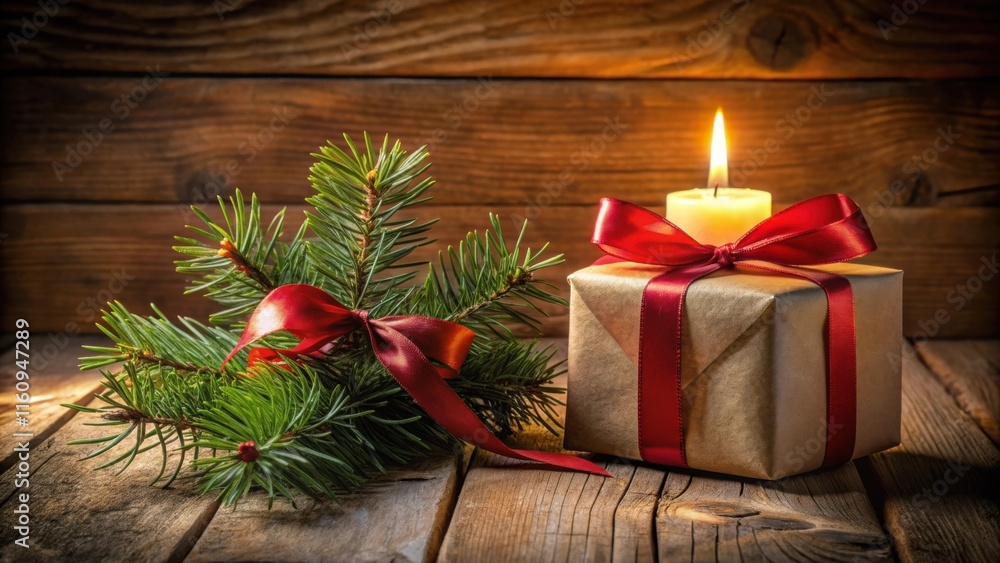Poster a rustic christmas setting with a gift wrapped in brown paper and tied with a red ribbon, accented b
