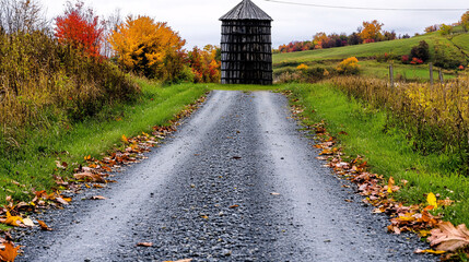 Naklejka premium quiet country road leads to rustic wooden structure, surrounded by vibrant autumn foliage. scene captures beauty of fall with colorful leaves lining path