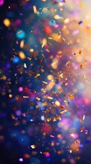 Abstract background with glowing particles and bokeh lights in blue, pink and purple colors, with gold glitter and sparkle design in holiday style, party invitation.