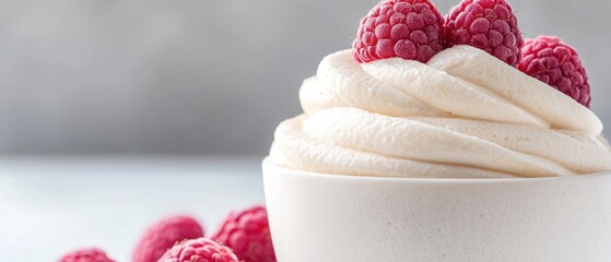 A bowl of whipped cream with raspberries on top