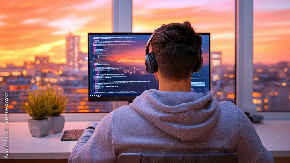 Poster a person coding on a computer with a sunset view, wearing headphones, creating a serene atmosphere f