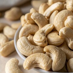 Detailed macro image of cashews with natural curves and highlights on a white marble surface