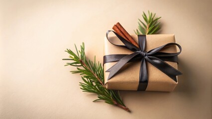 A simple brown gift box tied with a black satin ribbon and adorned with cinnamon sticks and pine branches, resting on a beige background.