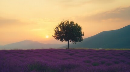 Fototapeta premium serene provence landscape photography with solitary tree in endless purple lavender field during golden hour