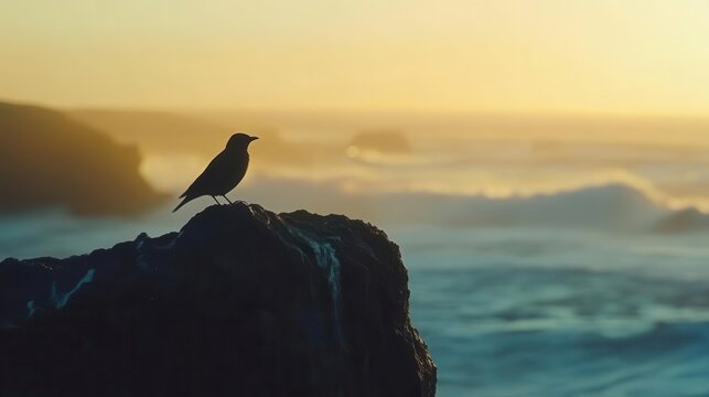 serene nature scene featuring tiny songbird perched thoughtfully on coastal rock formation with vast ocean waves and horizon in soft morning light - Powered by Adobe