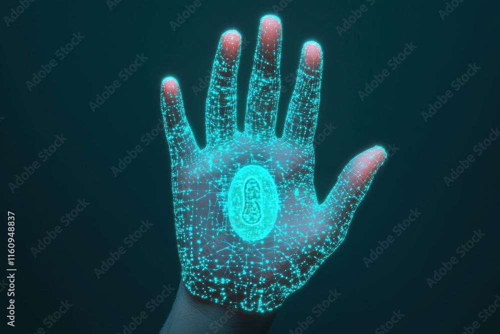 Poster futuristic hand with glowing digital patterns and microorganism image
