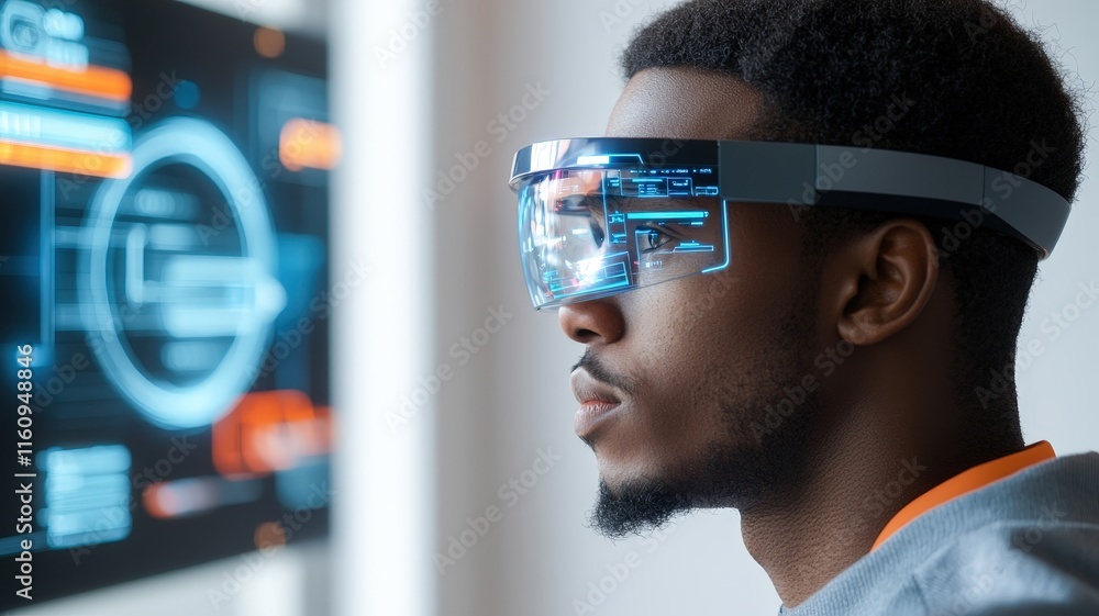 Poster a man wearing augmented reality glasses focuses intently on a digital interface, showcasing advanced