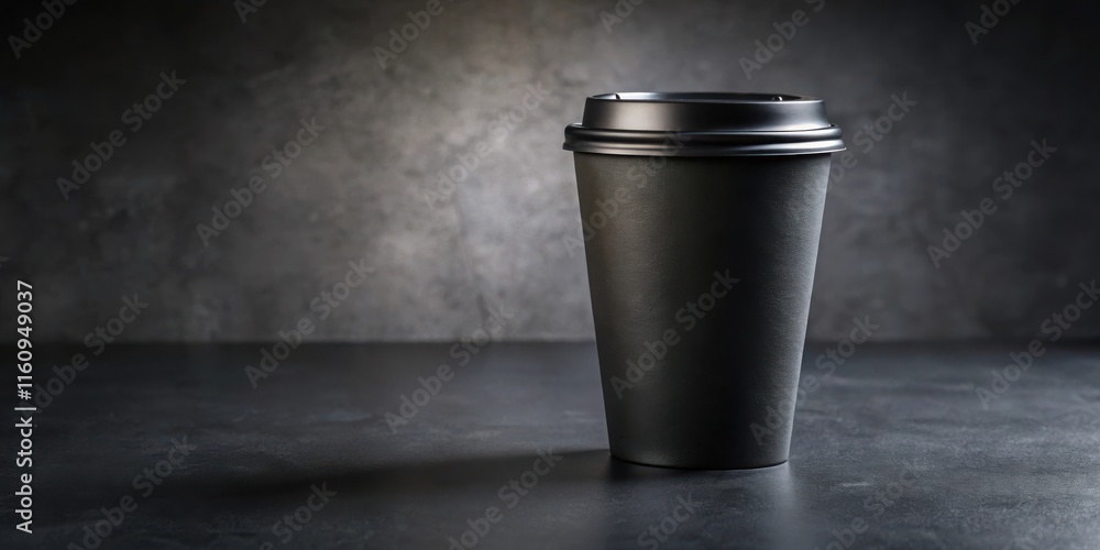 Poster a solitary black coffee cup sits on a dark textured surface, illuminated by a subtle spotlight. the 
