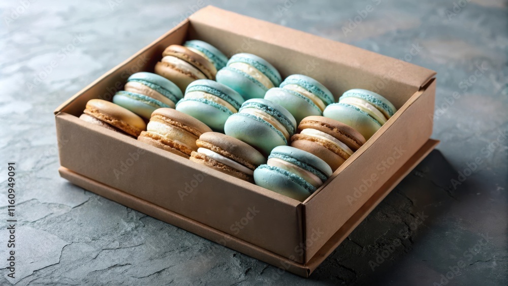 Poster A close-up of a box filled with colorful macarons, arranged in neat rows, revealing the delicious layers and delicate frosting.