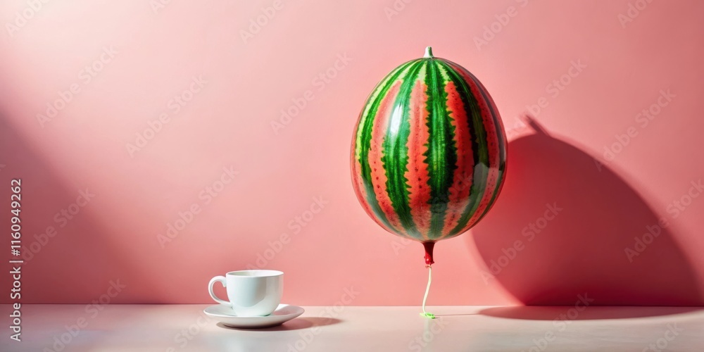 Poster A single white teacup and saucer sit on a white surface with a watermelon-patterned balloon hovering above, its shadow casting over the table and wall