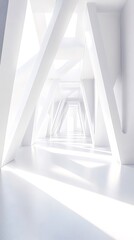 Abstract white architectural corridor with light and shadow.