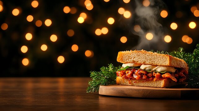 Hungarian langos sandwich with sour cream and cheese, Budapest Christmas market with festive lights