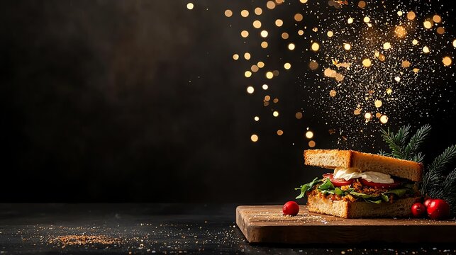 Hungarian langos sandwich with sour cream and cheese, Budapest Christmas market with festive lights