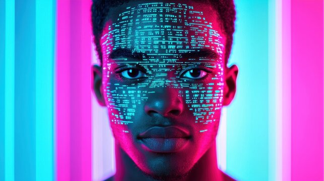 Portrait of a Young Man with Digital Code Projection on Face