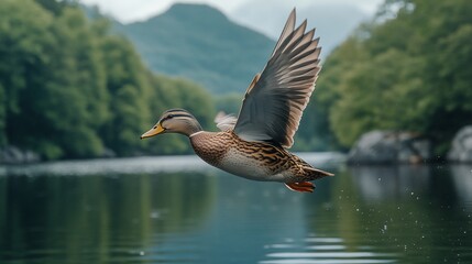 Majestic Mallard in Flight over Serene Lake