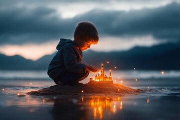 A child building a castle out of sand that magically turns into a real fortress surrounded by a glowing moat
