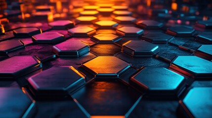 Obraz premium Hexagonal patterns create mesmerizing surface with vibrant neon
