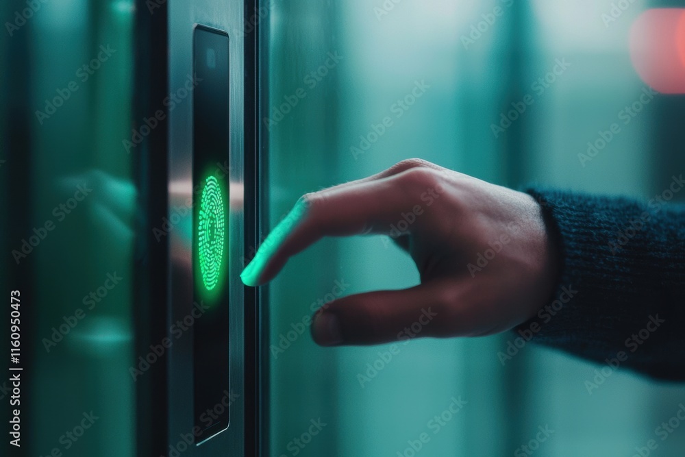 Poster hand using fingerprint scanner to access secure elevator
