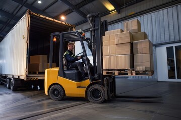Forklift driver loading boxes onto a truck in warehouse.