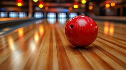 A shiny red bowling ball sits on a polished wooden lane with pins blurred in the background
