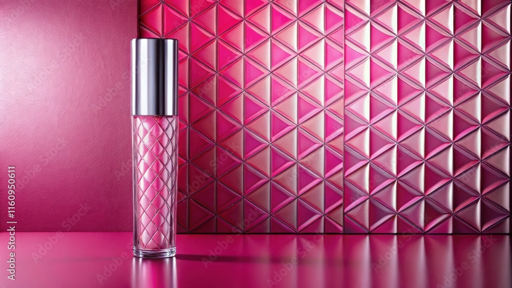 Poster a single bottle of pink liquid stands on a pink surface in front of a pink triangular wall.