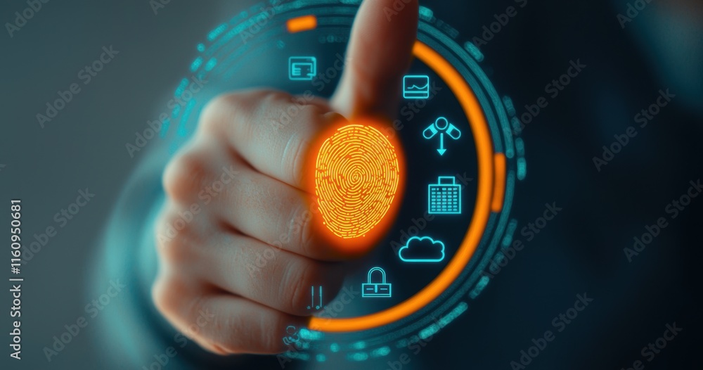 Poster digital fingerprint authentication on hand with modern icons