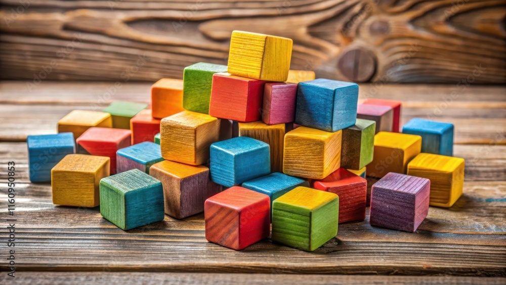 Aufkleber A vibrant and colorful collection of wooden blocks arranged in a chaotic yet visually appealing pattern, capturing the essence of creativity and playful exploration.
