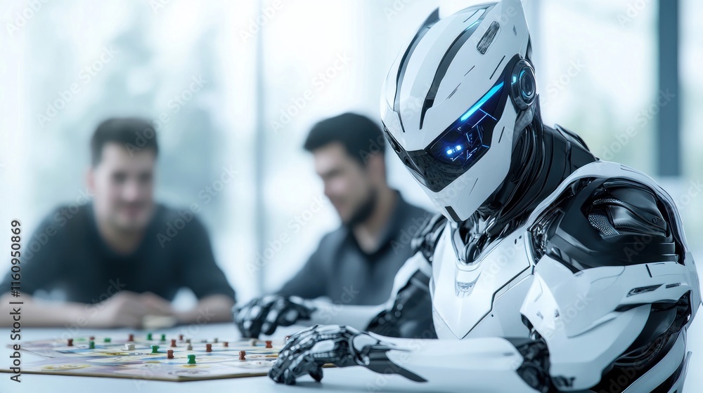 Poster a futuristic robot playing a board game with two men.