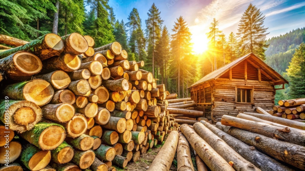 Aufkleber a rustic wooden cabin nestled in a sun-drenched forest, surrounded by a towering stack of cut logs, 