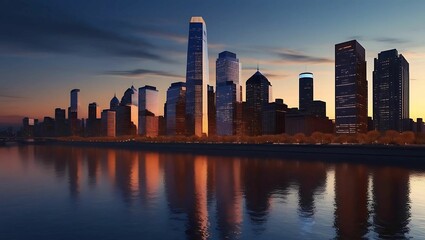 Obraz premium City Skyline: A glowing cityscape at dusk, symbolizing ambition and success in the business world.