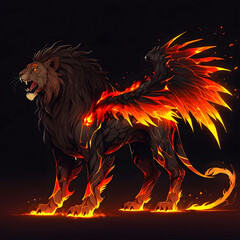 Fiery phoenix lion roams in mythical realm digital art dark environment imaginative viewpoint