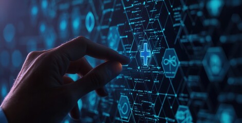 Hand Interacting with Digital Health Interface in Blue Background