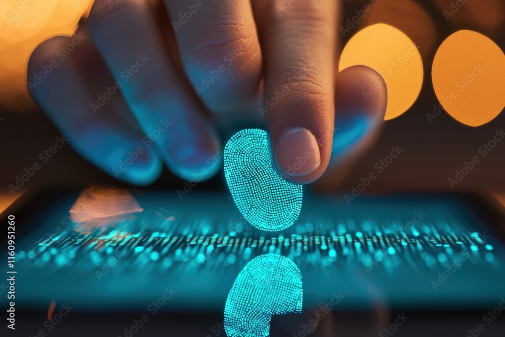 Poster hand using fingerprint sensor on smartphone with blue hue effect