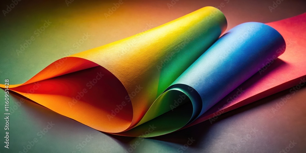 Poster curving layers of colorful paper, displaying a spectrum of hues and soft shadows