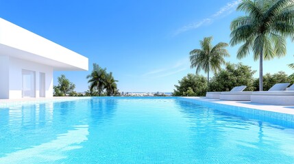 Serene pool scene with palm trees and clear blue sky.