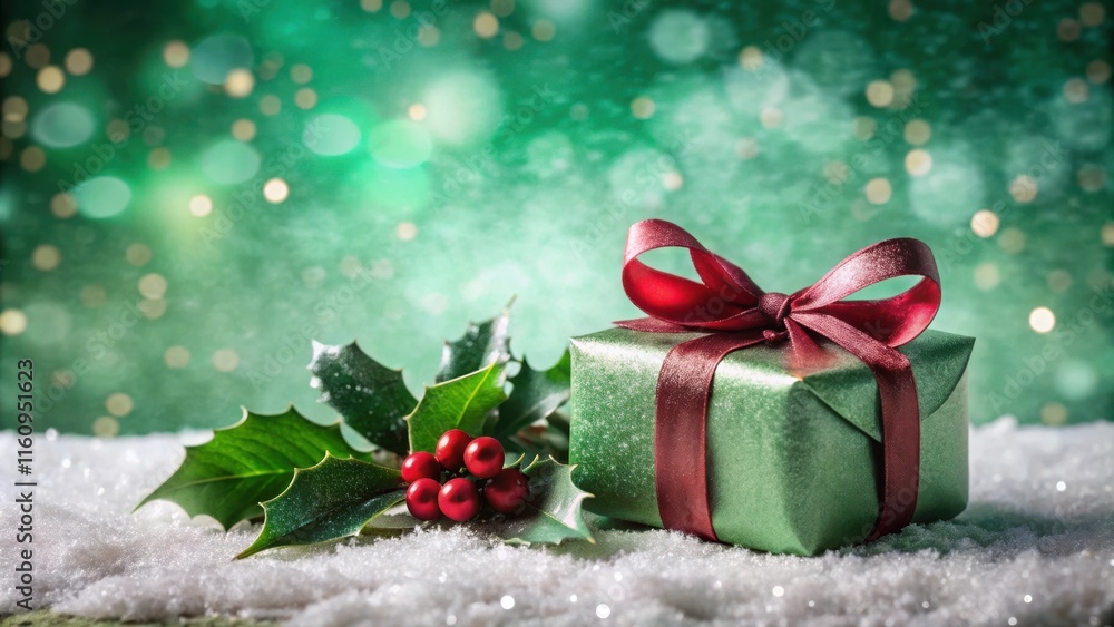 Poster a green gift box with a red bow rests on snow, adorned with holly sprigs and a festive backdrop of s