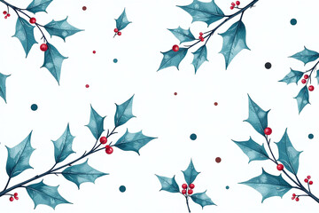 holly twigs berries monochrome blue watercolor christmas